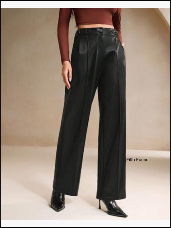 High Waist Wide Leg Faux Leather Palazzo Pants Business Casual Trousers - Picture 5 of 6